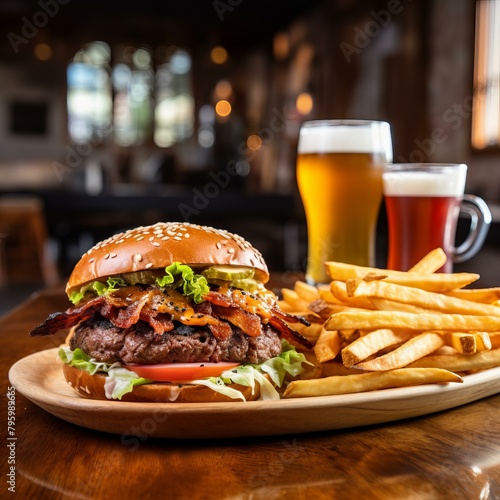 b A delicious burger with fries and two glasses of beer on a wooden plate 