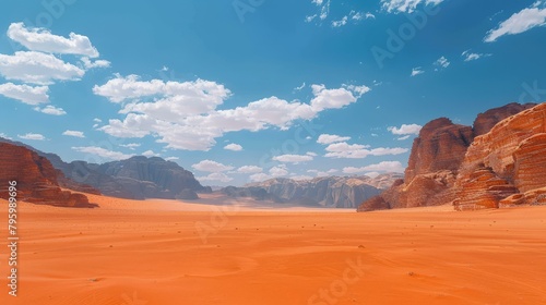 b A vast expanse of red sand dunes in the desert under a blue sky with white clouds 