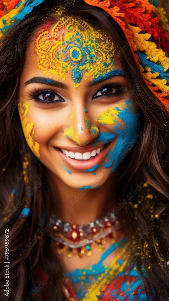 b'Portrait of a young Indian woman with colorful powder on her face'