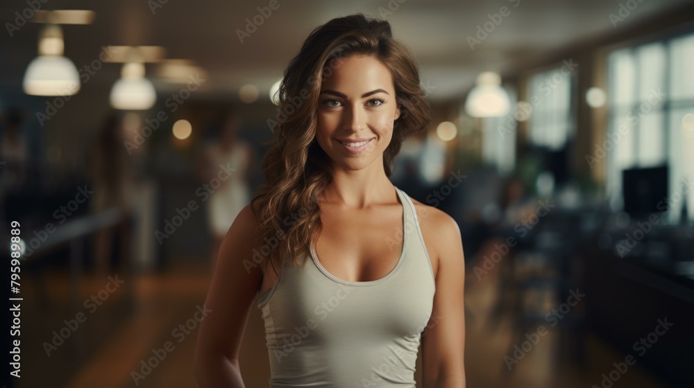 b'Portrait of a young woman smiling in a fitness center'