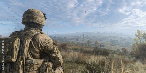 Soldier looking at a valley from a hilltop