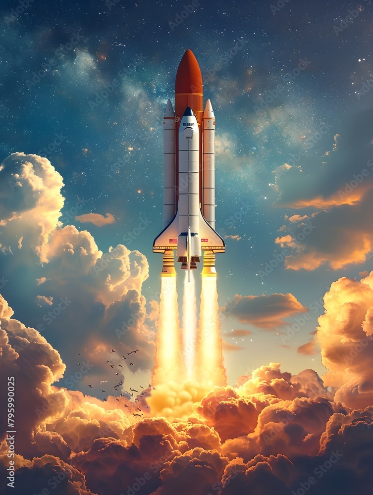 Naklejka premium Powerful Rocket Soaring Through Vibrant Skies Toward Boundless
