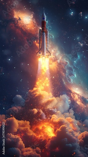 Powerful Rocket Blasting Off into the Cosmic Expanse of the Starry Universe