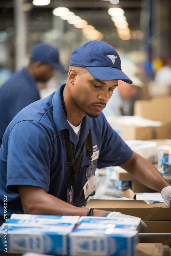b'African American man wearing blue cap and blue shirt working in distribution warehouse' b'African American man wearing blue cap and blue shirt working in distribution warehouse'