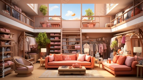 b'A cozy pink living room with a clothes rack and a loft'