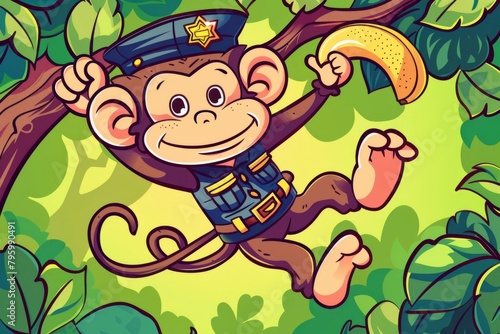 Cartoon cute doodles of a playful police officer monkey swinging through the trees with a vine, keeping an eye out for mischievous monkeys, with a banana, Generative AI