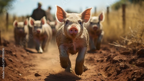 b'A group of happy pigs running on a dirt road' photo