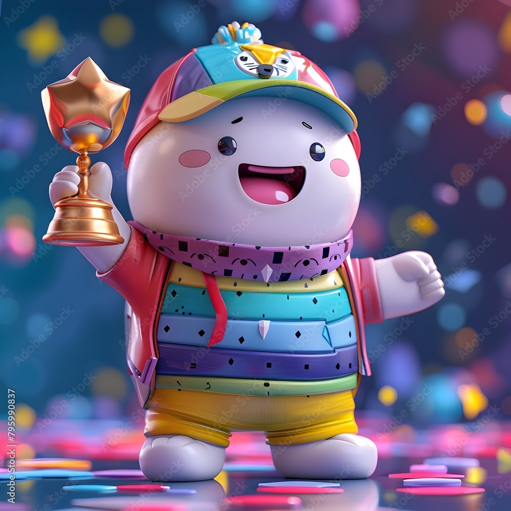 Cheerful Cartoon Character Triumphantly Holding Up Golden Trophy on Gradient Background Cheerful Cartoon Character Triumphantly Holding Up Golden Trophy on Gradient Background