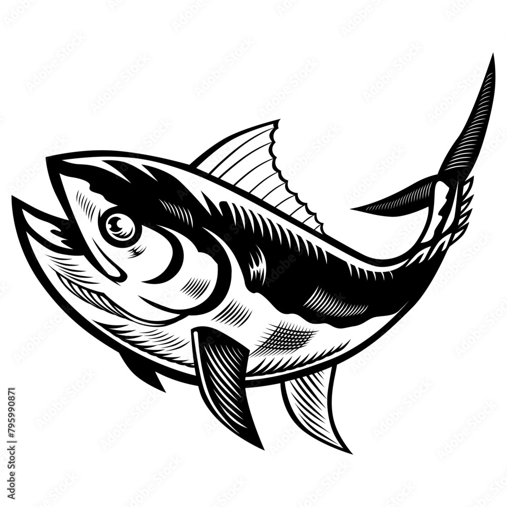 Naklejka premium Tuna fishing vector image. shirt design