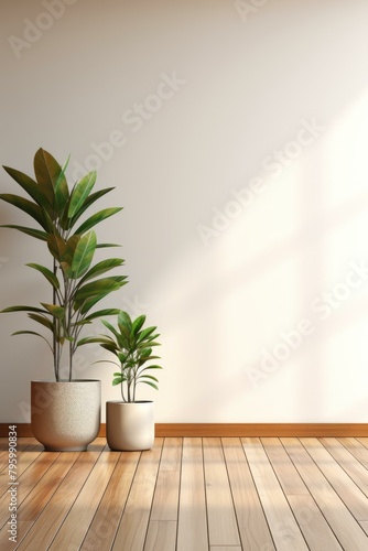 b Two pot plants in front of a beige wall 