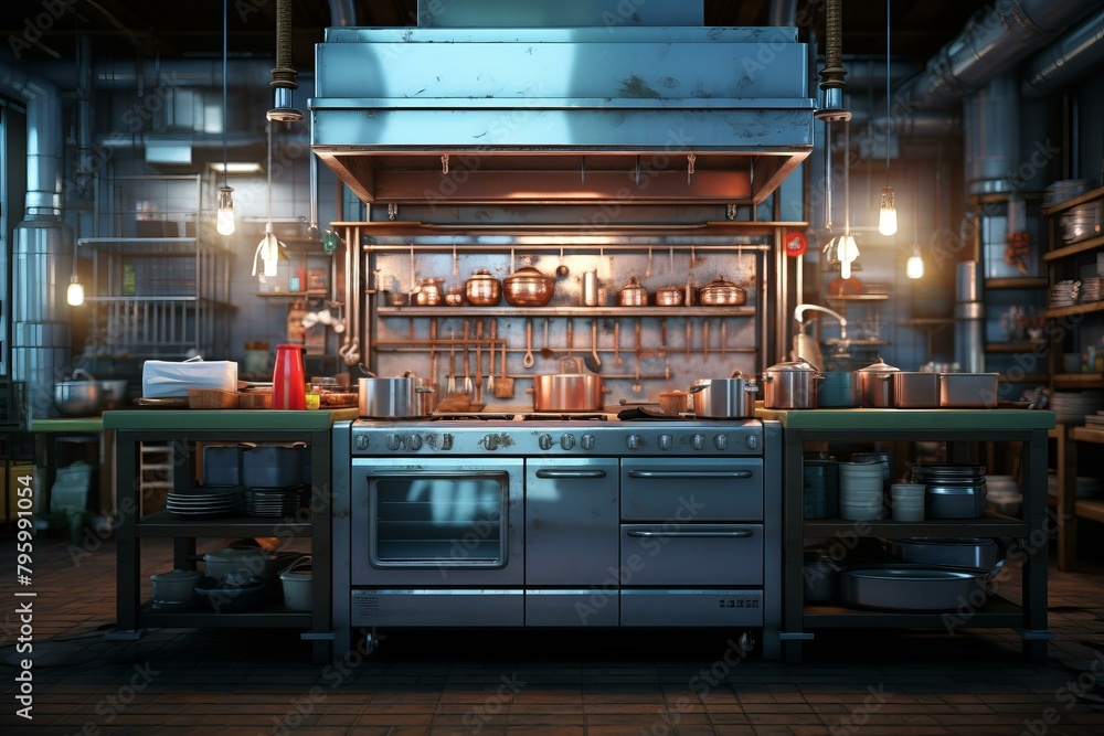 b'A commercial kitchen with a large stove and stainless steel appliances' b'A commercial kitchen with a large stove and stainless steel appliances'