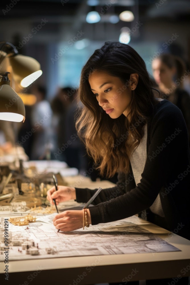 Fototapeta premium b'Asian woman working on a project with a blueprint'