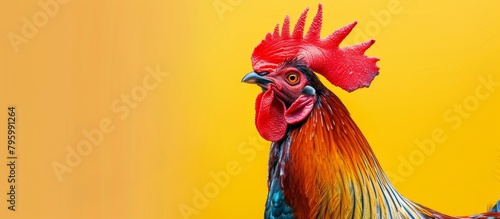 A proud rooster with a bright red comb on its head strutting about in a farmyard