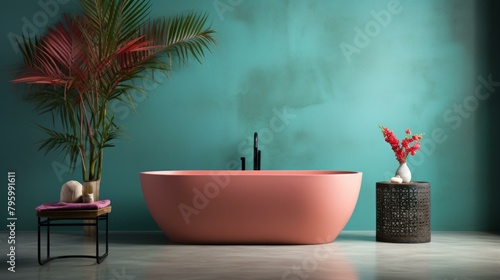 b'pink bathtub in front of blue-green wall with tropical plant and pink flowers'