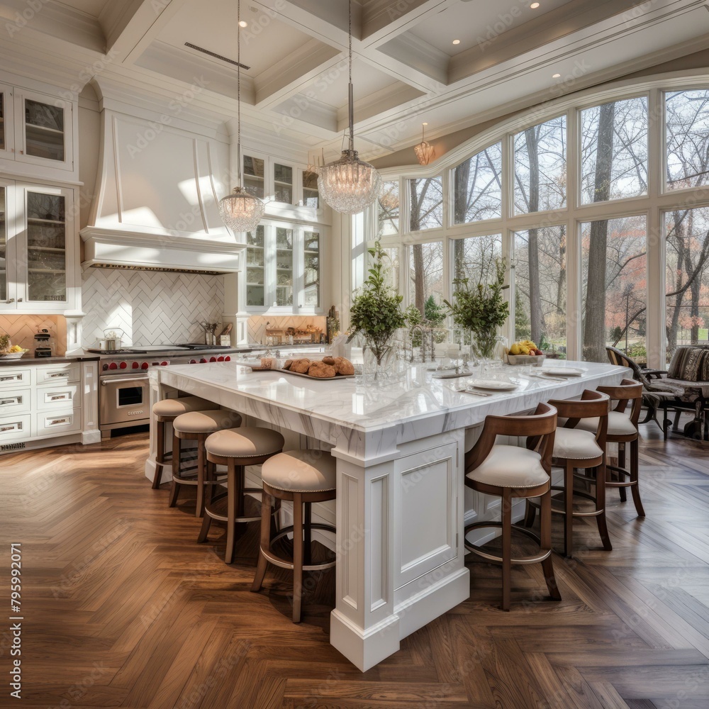 b'Large bright kitchen with island and hardwood floors'