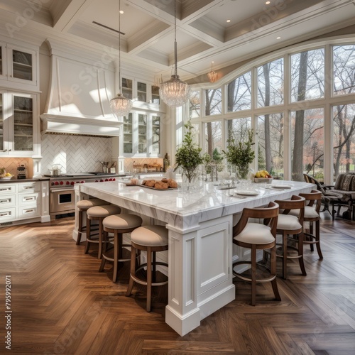 b'Large bright kitchen with island and hardwood floors'