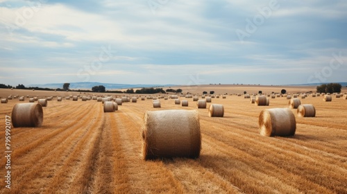 b'Field of hay bales under cloudy sky'