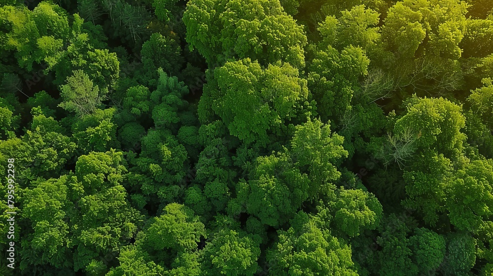 b'Aerial view of a lush green forest with the sun shining through the trees'