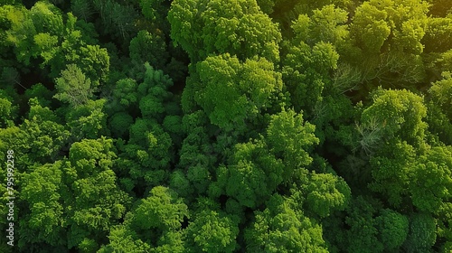 b'Aerial view of a lush green forest with the sun shining through the trees'