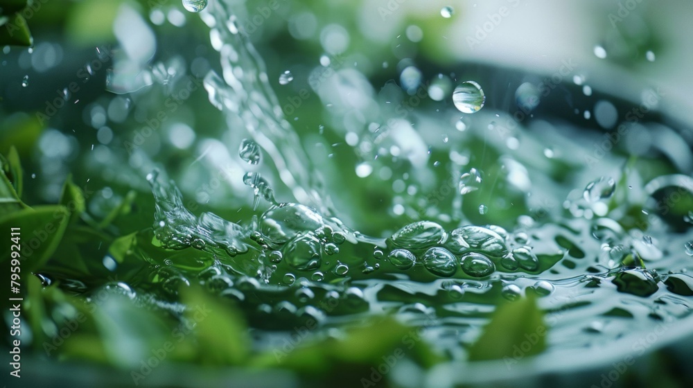 b'Water droplets falling on green leaves' b'Water droplets falling on green leaves'