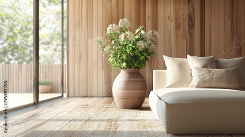 Modern living room setup with a comfortable beige sofa, eclectic flowerpot, and wooden walls, blending tradition and modernity © Paul