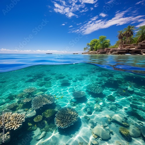 b'Half Underwater Split View of Tropical Beach and Coral Reef' © Adobe Contributor