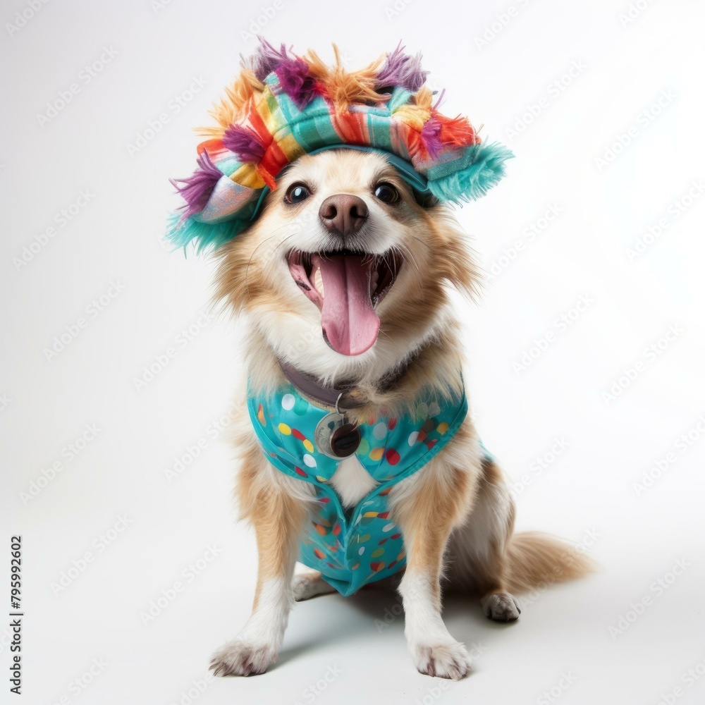 b'A happy dog wearing a colorful hat and polka dot vest'