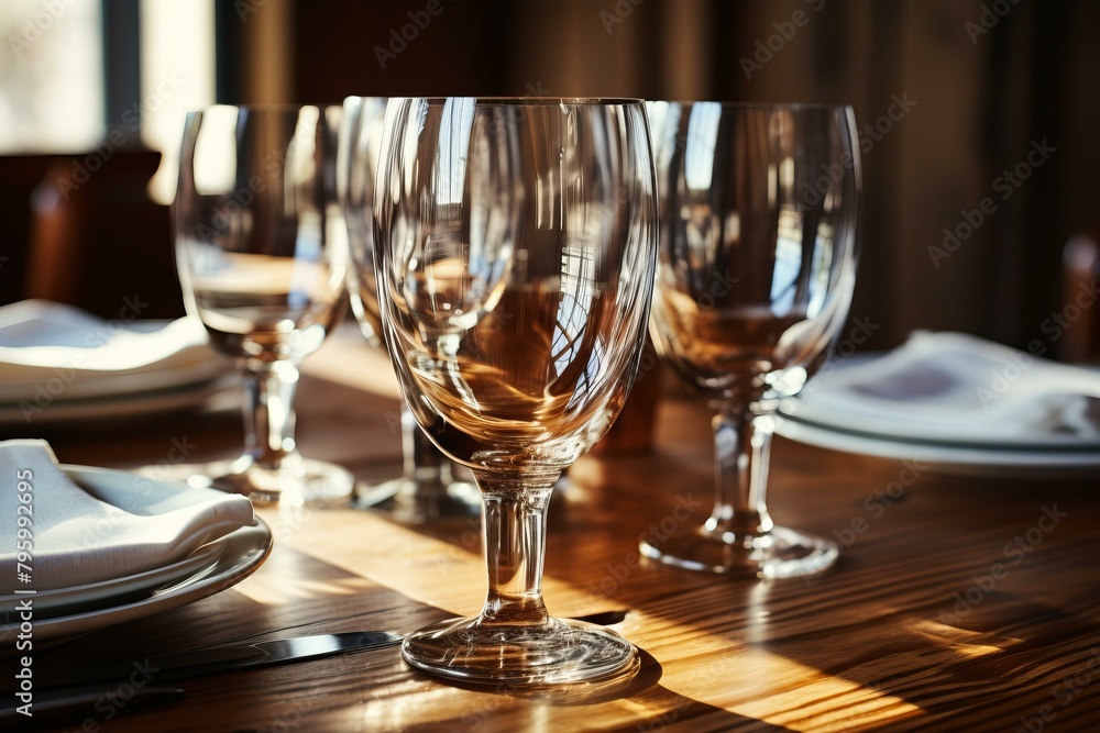 b'Empty wine glasses on a wooden table in a restaurant' b'Empty wine glasses on a wooden table in a restaurant'