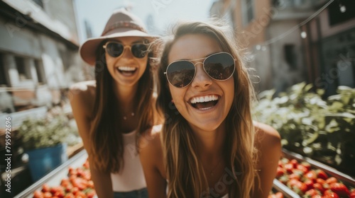 b'Two happy young women with sunglasses standing in front of a market stall full of strawberries' photo
