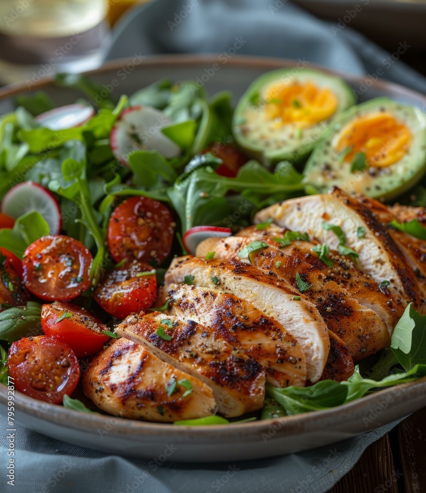 b'Grilled chicken breast with avocado, tomato and radish salad' b'Grilled chicken breast with avocado, tomato and radish salad'