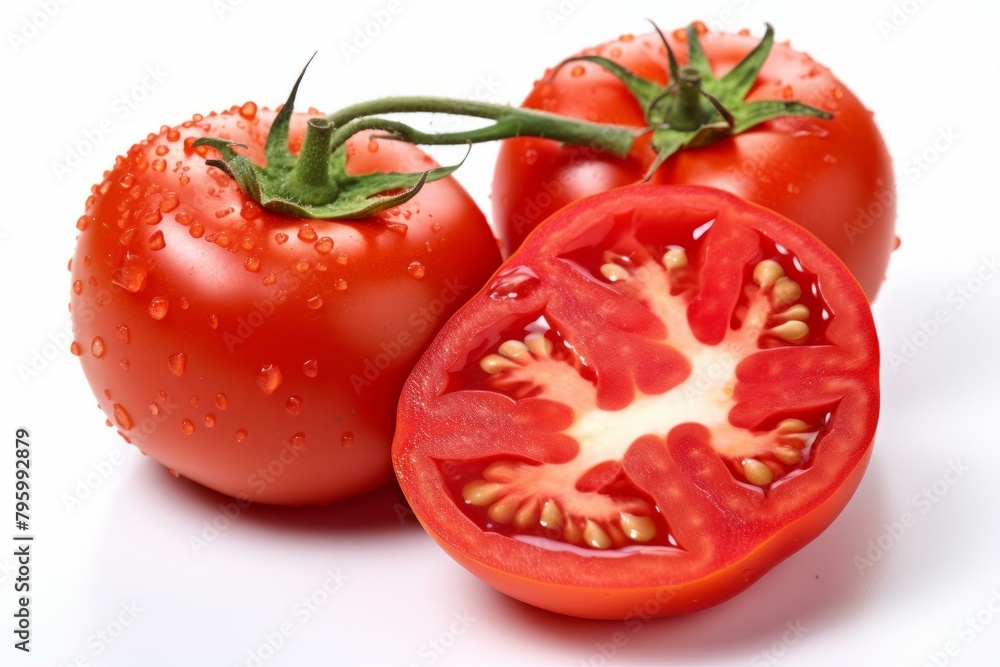 b'Three red ripe tomatoes with green stems on white background' b'Three red ripe tomatoes with green stems on white background'