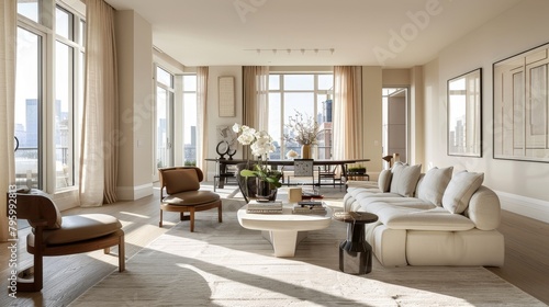 Open-concept living room bathed in sunlight from expansive windows, featuring modern furnishings and a tranquil, ivory-themed color palette