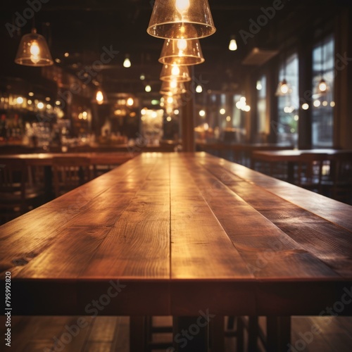 b Rustic wooden table in a restaurant with blurred background 