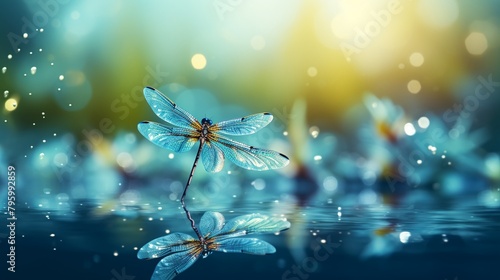 A group of dragonflies hovering over a freshwater pond, reflection of sky on water, serene natural habitat scene, copy space