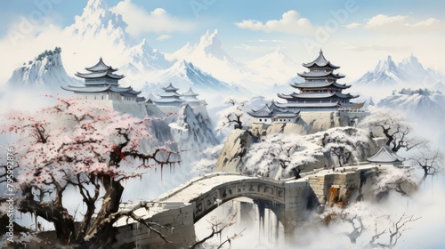 b'ancient chinese architecture oriental building snow mountain cherry blossom' © Adobe Contributor