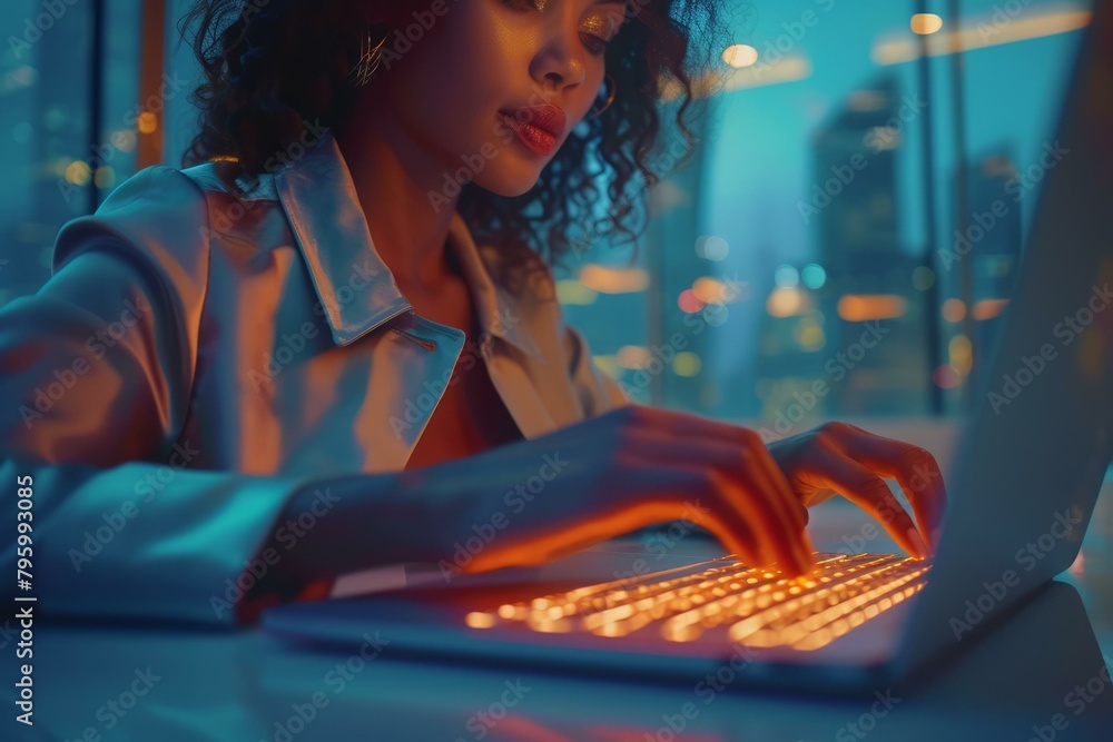 b'A young woman of African descent is typing on a laptop in a dimly lit room with a cityscape in the background.'