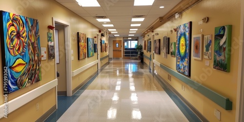 An art exhibit in a hospital corridor, featuring works created by patients, staff, and local artists, enriching the environment and fostering community connections.