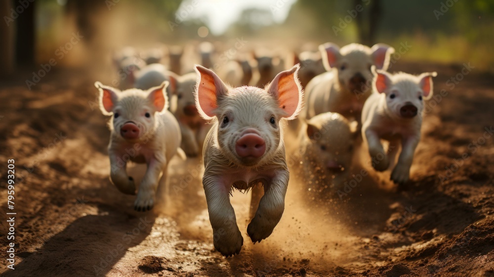 b'Piglets running in a field' b'Piglets running in a field'