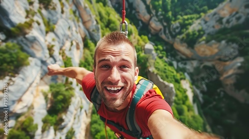 A man shooting a photo while bungee jumping from a peak overlooking a summer adventure vacation notion and space, Generative AI. photo