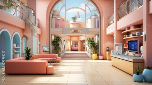 b'A pink and blue retro futuristic hospital interior' photo