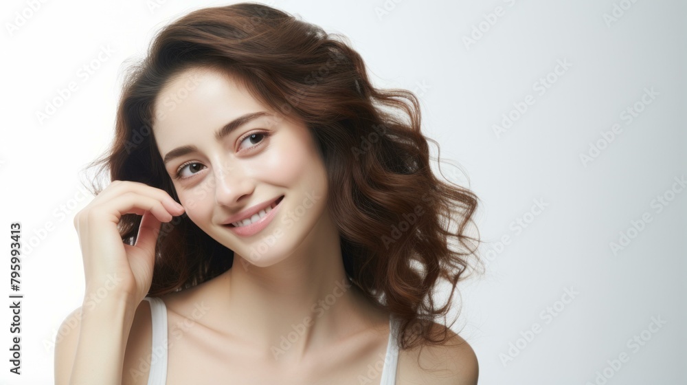b'Portrait of a beautiful young woman with brown hair and brown eyes smiling' b'Portrait of a beautiful young woman with brown hair and brown eyes smiling'