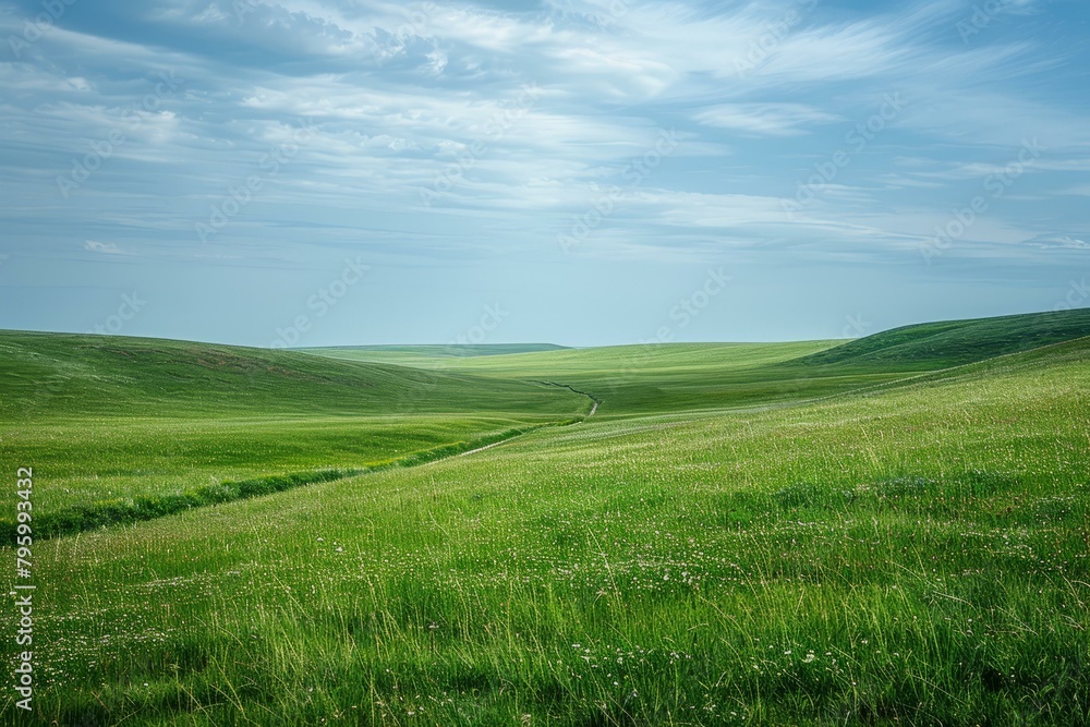 b'Vast green rolling hills under a blue sky with white clouds'