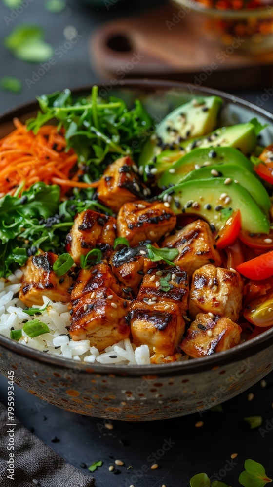 b'delicious healthy food bowl with rice, tofu, vegetables and avocado' b'delicious healthy food bowl with rice, tofu, vegetables and avocado'