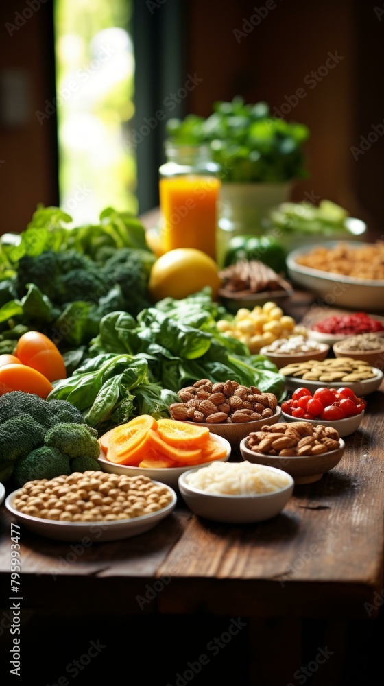 b'A variety of healthy food on a wooden table'