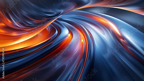 A mesmerizing digital art piece depicting fluid dynamics with silky waves of blue and fiery orange  simulating a sense of motion.
