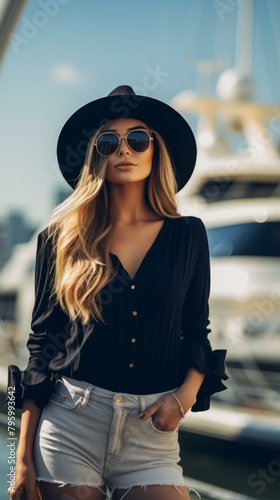 b'Blonde woman in black hat and sunglasses posing in front of a yacht'