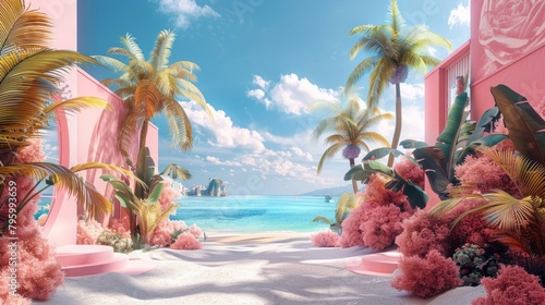 b'Pink paradise beach with palm trees and blue ocean' photo