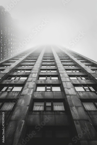 b'Black and white photo of a tall skyscraper with a lot of windows'
