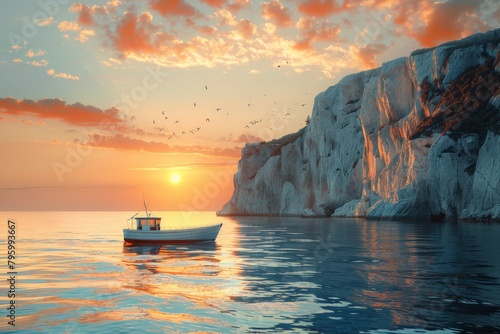 A boat is floating on the ocean near a cliff photo