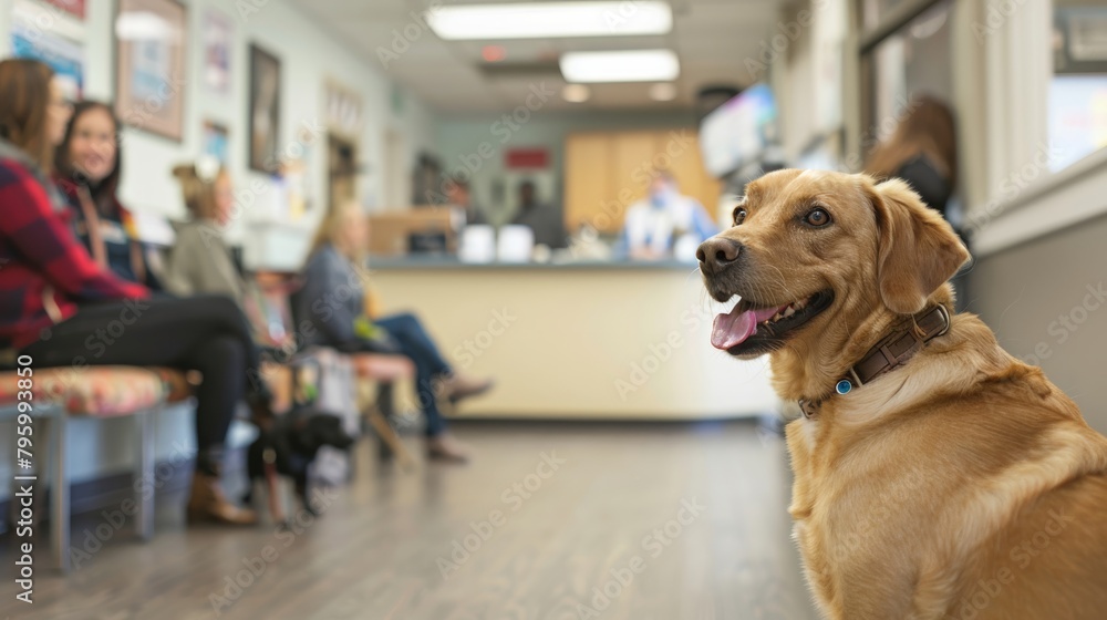 An attentive golden dog looks on while sitting in a busy veterinary clinic waiting area filled with pet owners and their animals.
